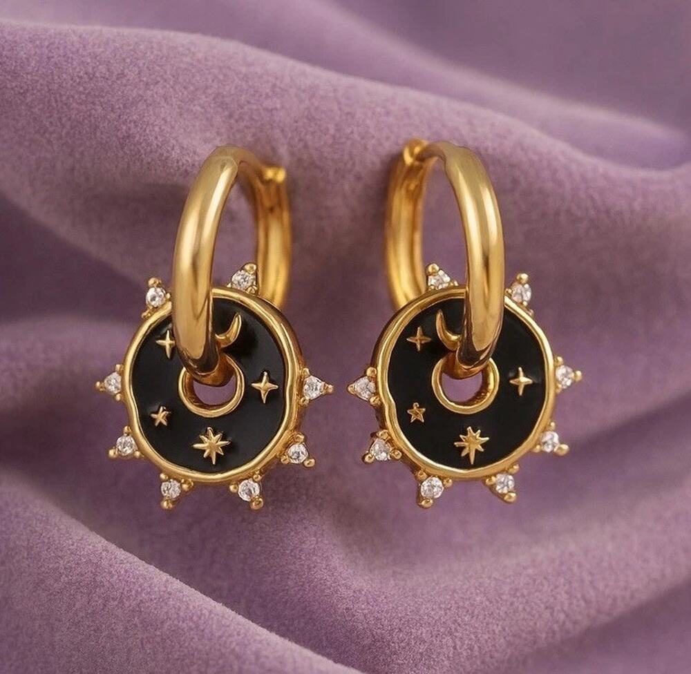 Anthropologie Hoop Earrings Drop Moon Star Boho Celestial Enamel 18k Gold Double
